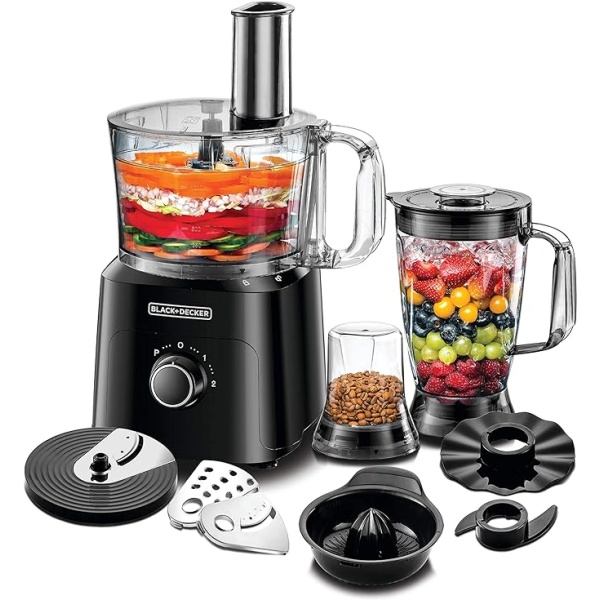 Black & Decker 750W 34 Functions 5 in 1 Food Processor with Chopper, Blender, Grinder, Citrus Juicer & Dough Maker, Black - FX775-B5- 2 YEARS WARRANTY