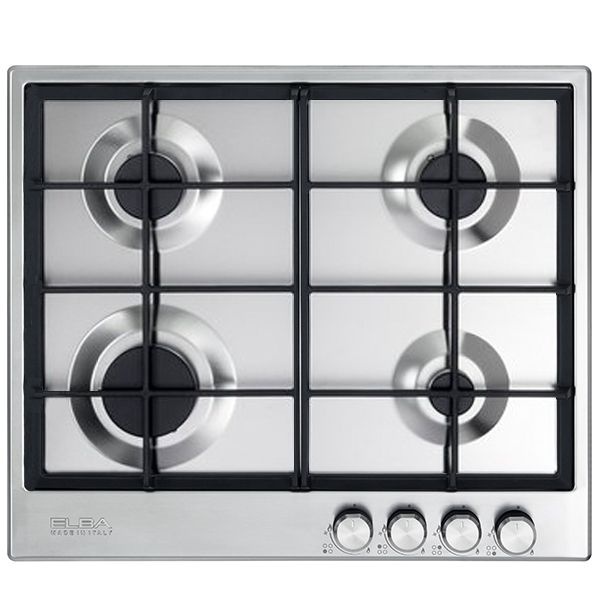 Elba Gas hob, 60 cm, stainless steel, 4 burners, front control, cast iron supports, full safety, self ignition.