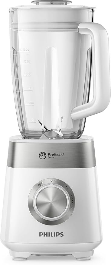 Philips Series 5000, Plastic Jar Blender - 800W, 2L, 3 Speed settings + Pulse, ProBlend Crush Technology perfect for crushing ice, Silver/White - HR2224/00 - international warranty